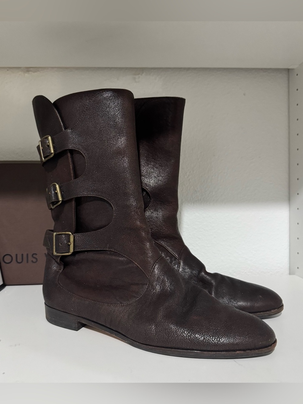 Manolo Blahnik Dark Brown Leather Buckle Mid-Calf Boots